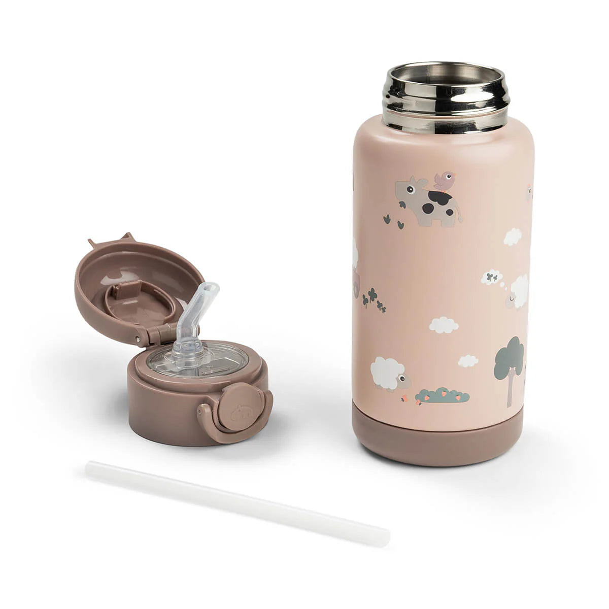 Botella Térmica con Pajita Tiny Farm Rosa 340 ml - Done By Deer